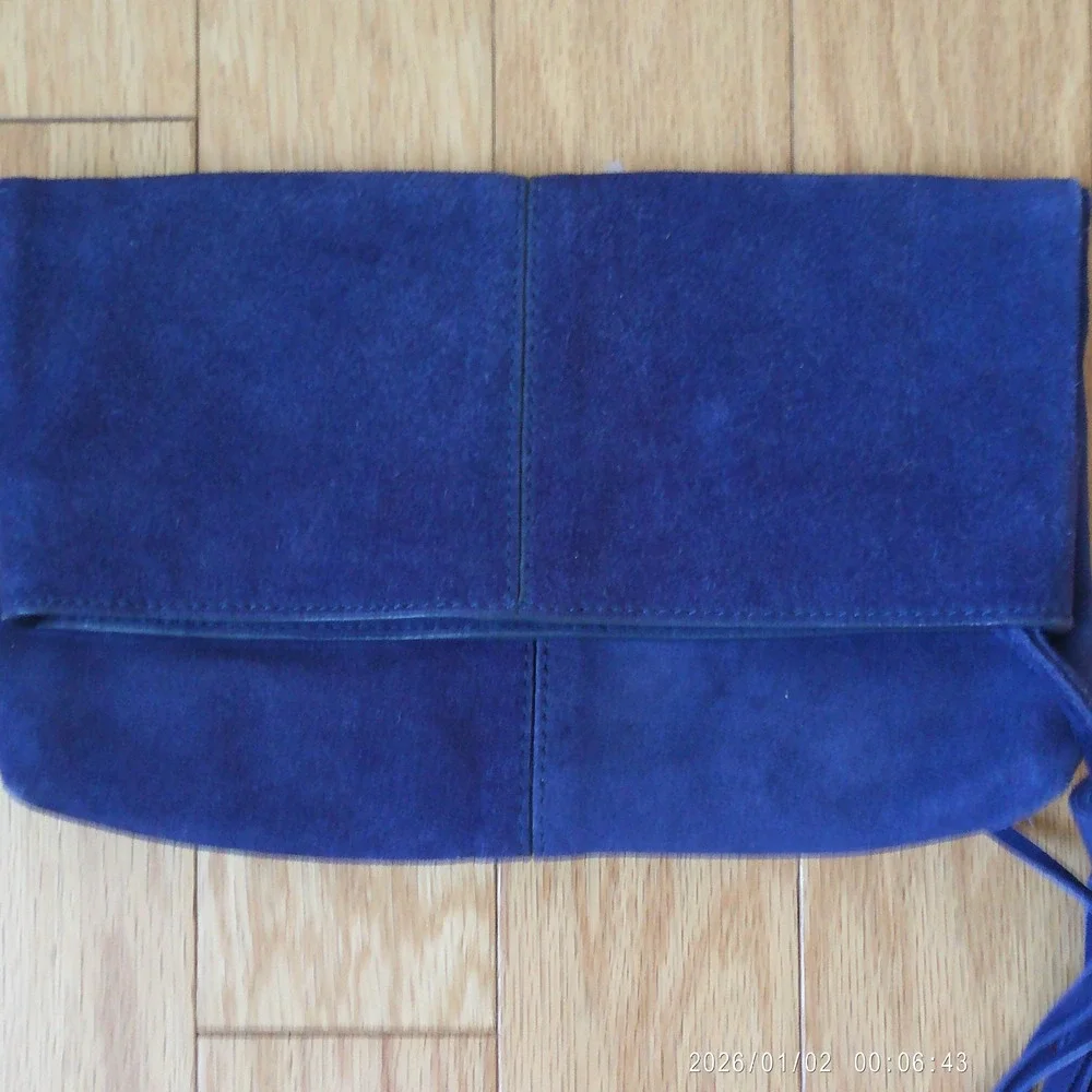 Leith Nordstrom 100% Leather Suede Boho Tassel Foldover Zipper Clutch OS Blue